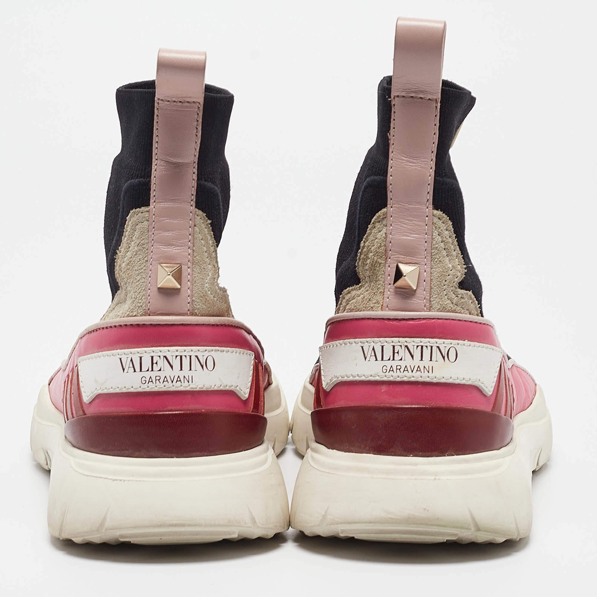 Valentino Black/Pink Fabric and Leather VLTN High Top Sneakers Size 35 For Sale 1