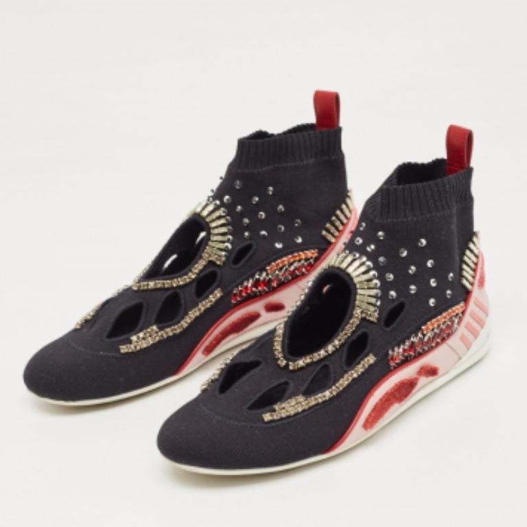 Noir Valentino Black/Pink Knit Fabric High Top Sneakers Size 36 en vente