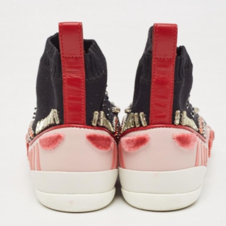 Valentino Black/Pink Knit Fabric High Top Sneakers Size 36 en vente 2