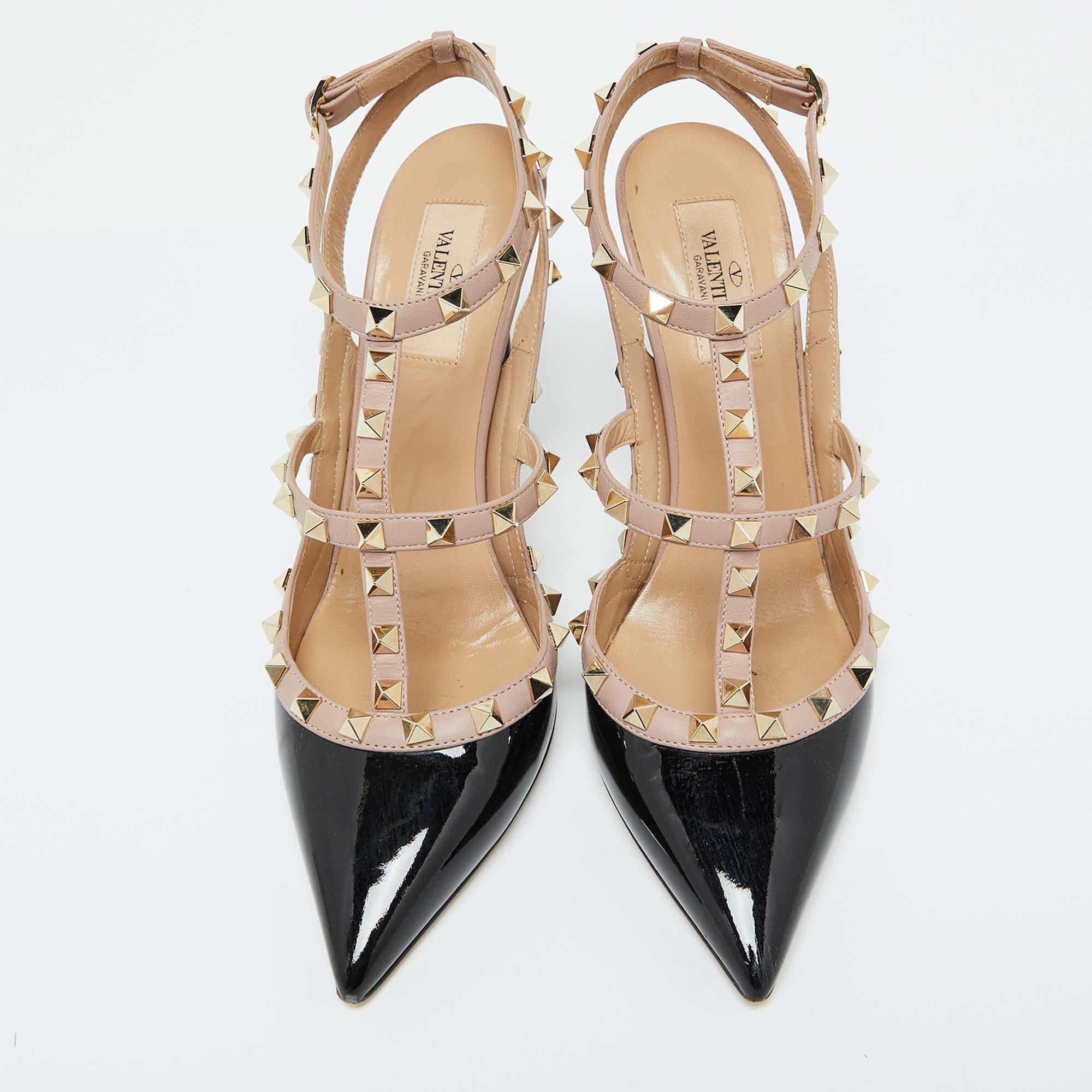 Beige Valentino Black/Pink Leather and Patent Leather Rockstud Pumps Size 40