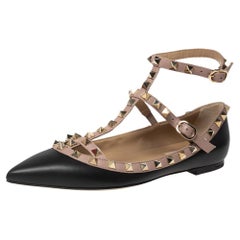 Valentino Black/Pink Leather Rockstud Ankle-Strap Ballet Flats Size 37