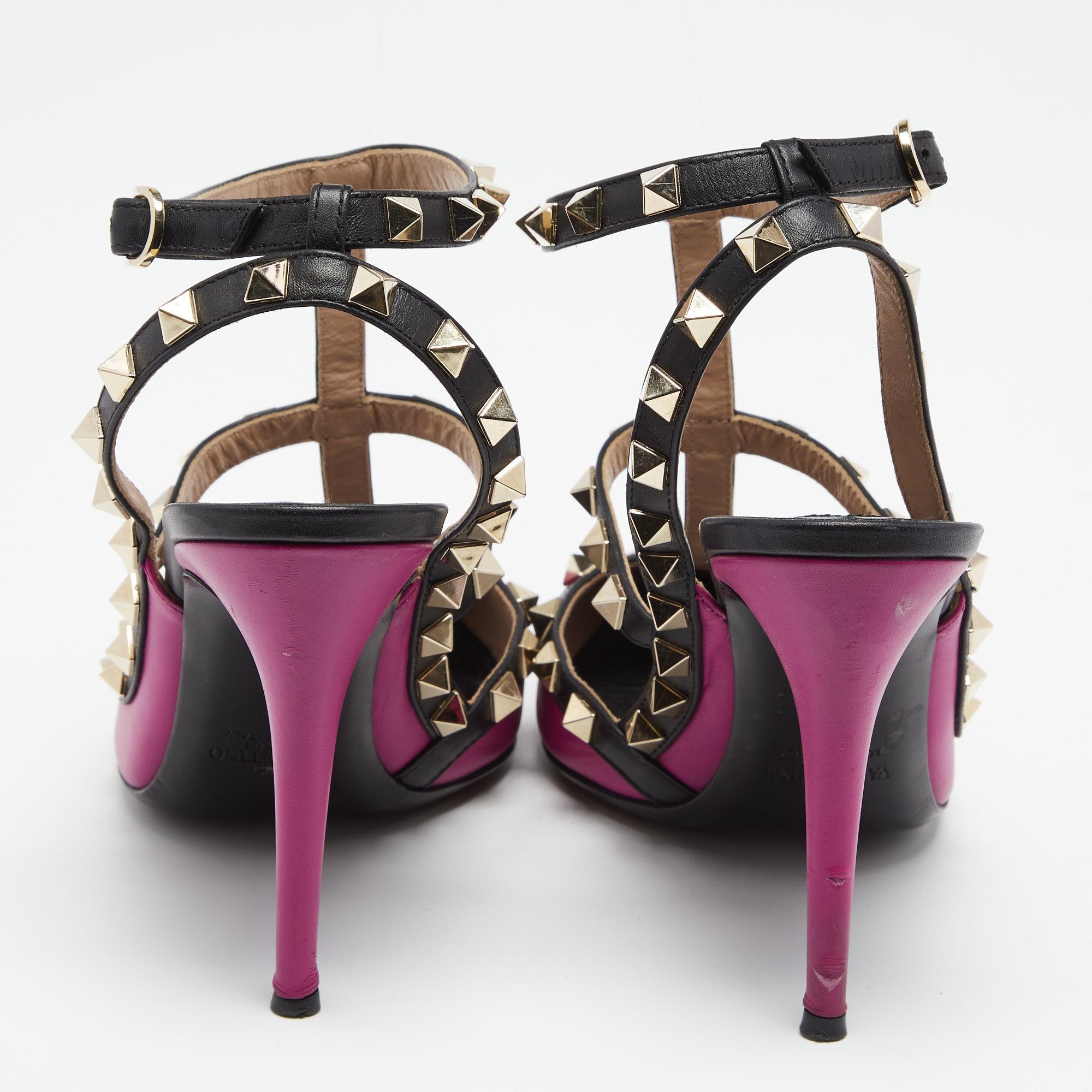Valentino Black/Pink Leather Rockstud Strappy Pointed Toe Sandals Size 38 In Good Condition In Dubai, Al Qouz 2