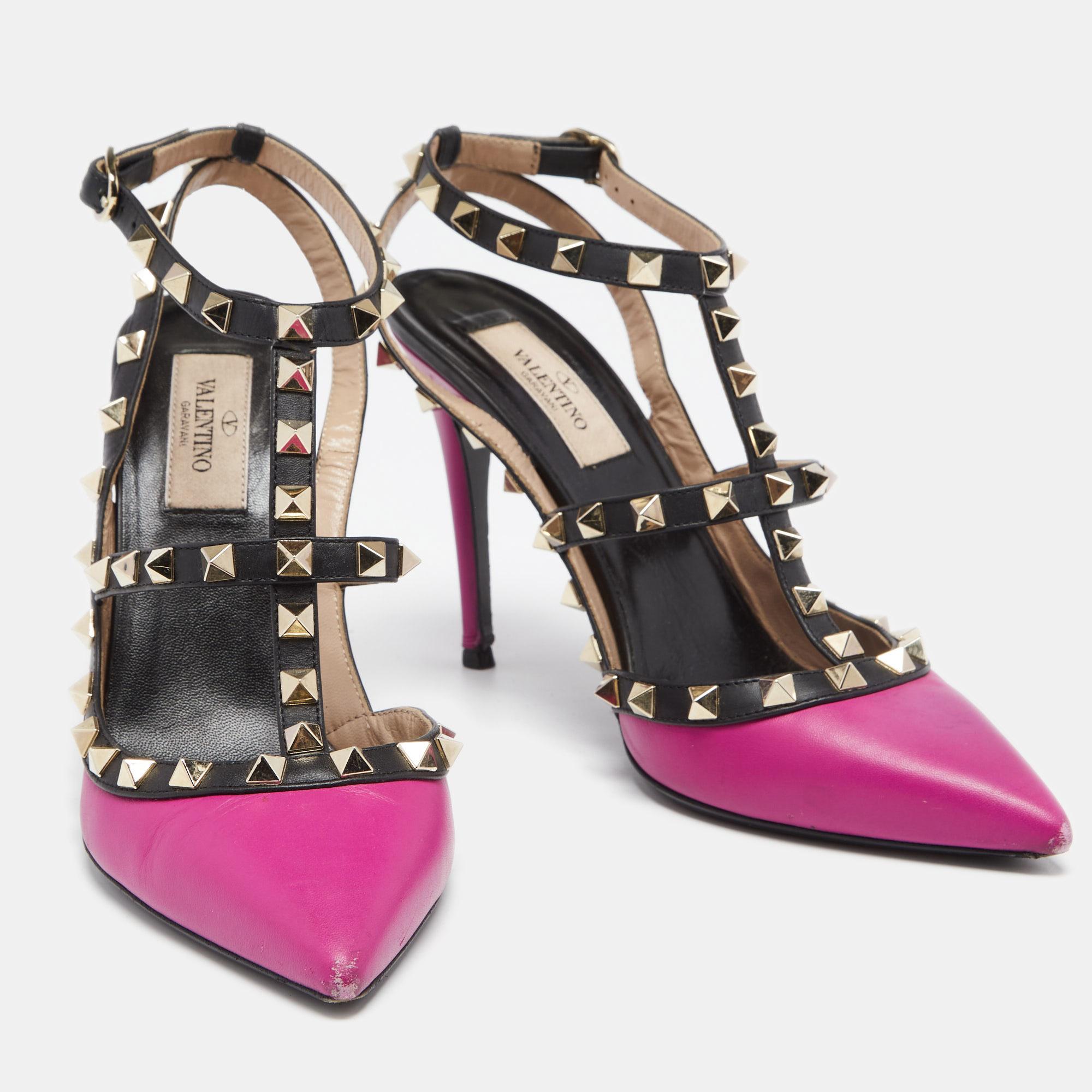 Valentino Black/Pink Leather Rockstud Strappy Pointed Toe Sandals Size 38 1