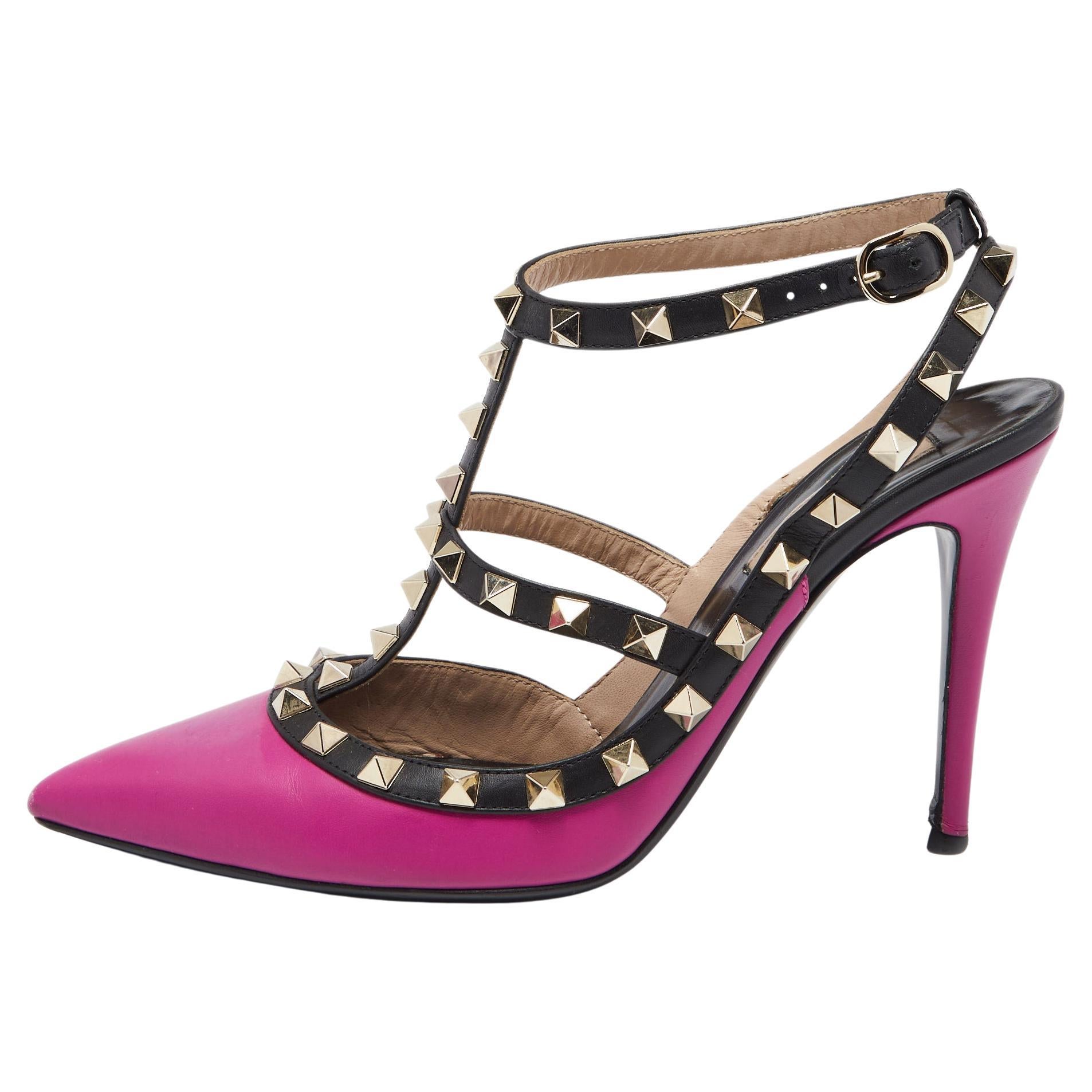 Valentino Black/Pink Leather Rockstud Strappy Pointed Toe Sandals Size 38