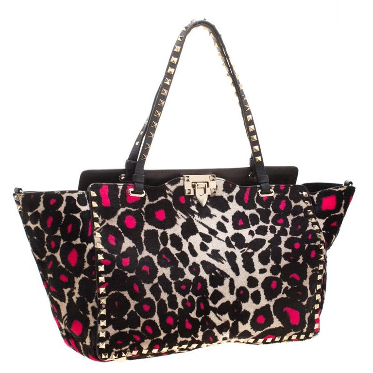 Valentino Black/Pink Leopard Print Calfhair Rockstud Tote For Sale at ...