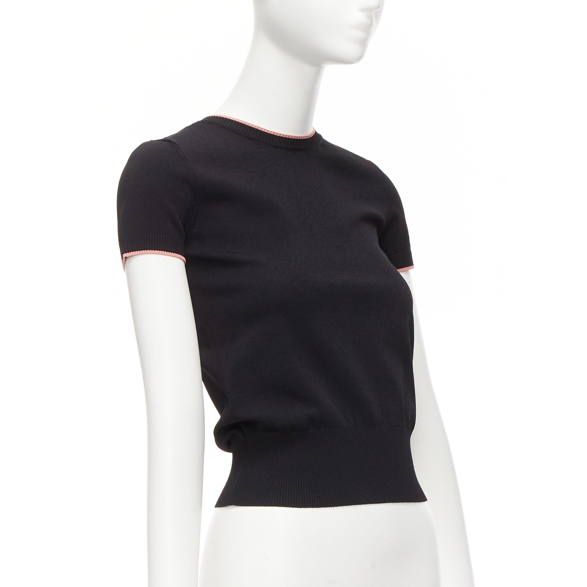 Black VALENTINO black pink rib trim crew neck short sleeve cropped sweater top S