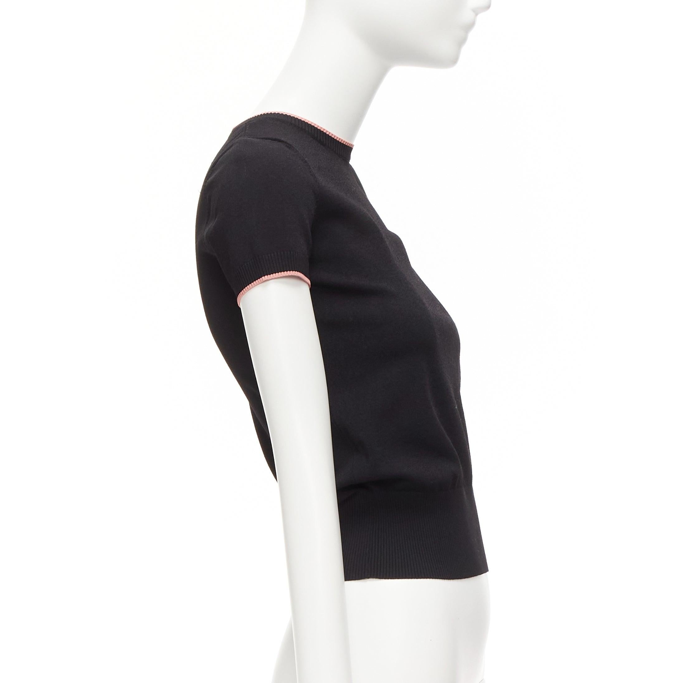 Women's VALENTINO black pink rib trim crew neck short sleeve cropped sweater top S