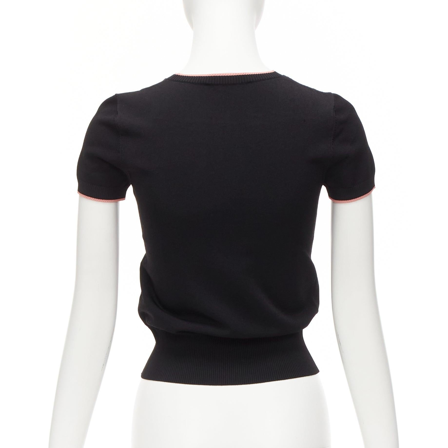 VALENTINO black pink rib trim crew neck short sleeve cropped sweater top S For Sale 2