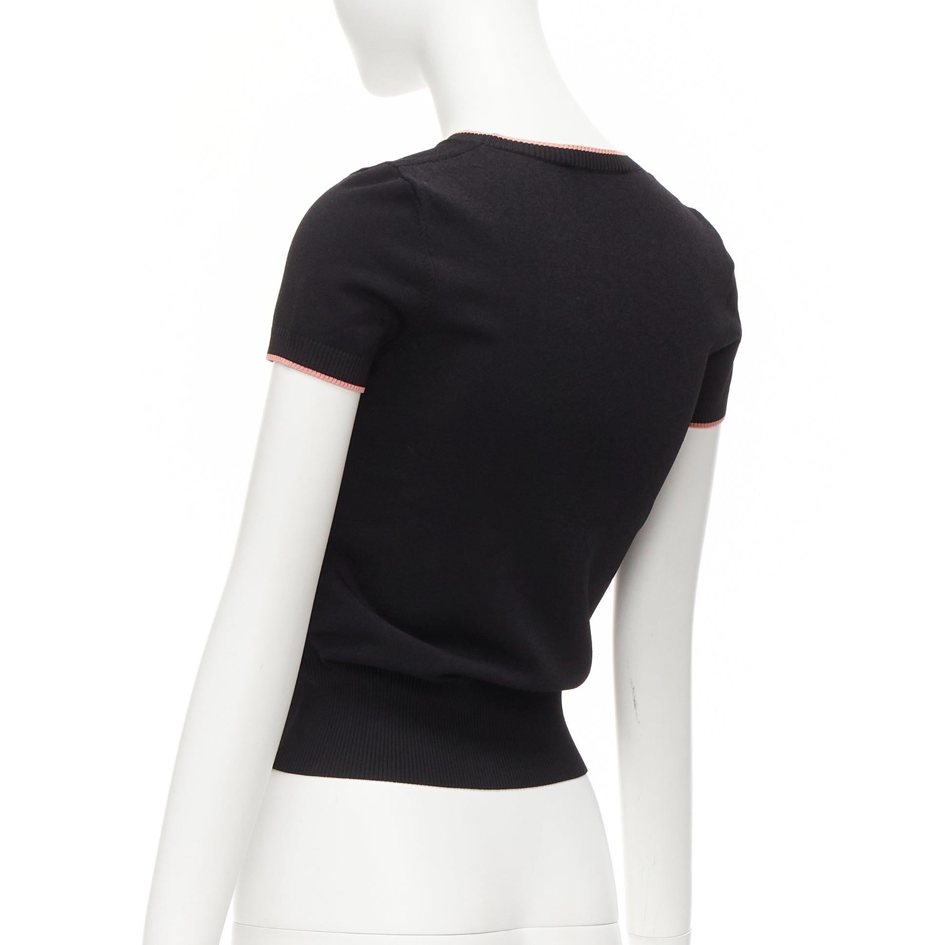 VALENTINO black pink rib trim crew neck short sleeve cropped sweater top S For Sale 3