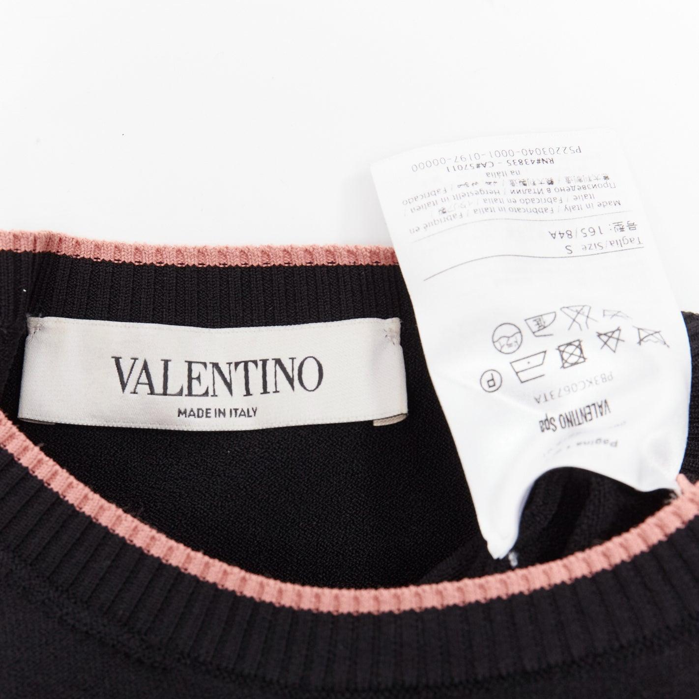 VALENTINO black pink rib trim crew neck short sleeve cropped sweater top S For Sale 5