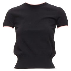 VALENTINO black pink rib trim crew neck short sleeve cropped sweater top S