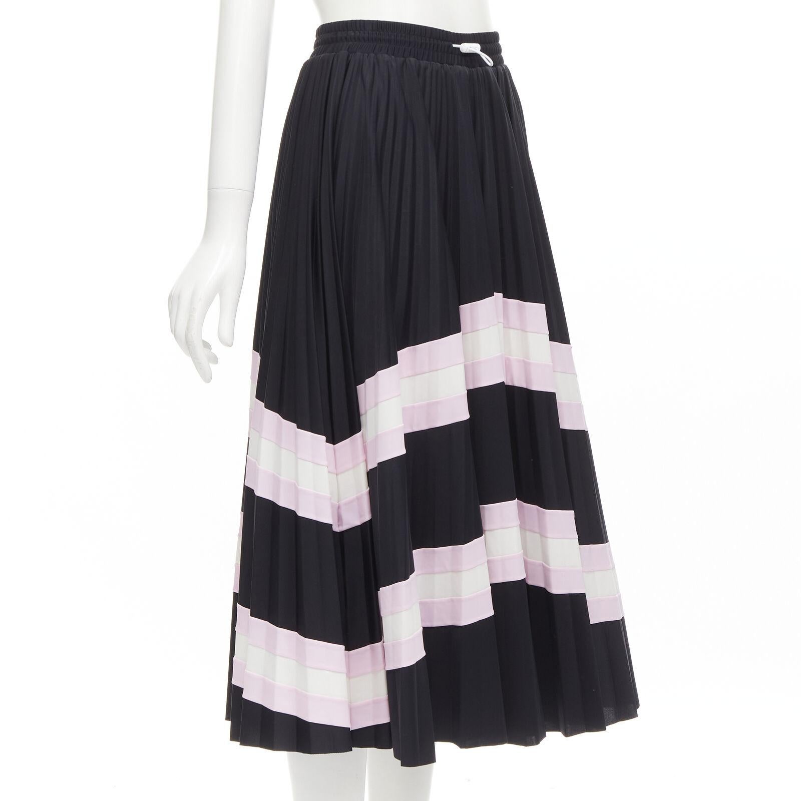 Black VALENTINO black pink stripes patchwork pleated toggle pleated midi skirt XS For Sale