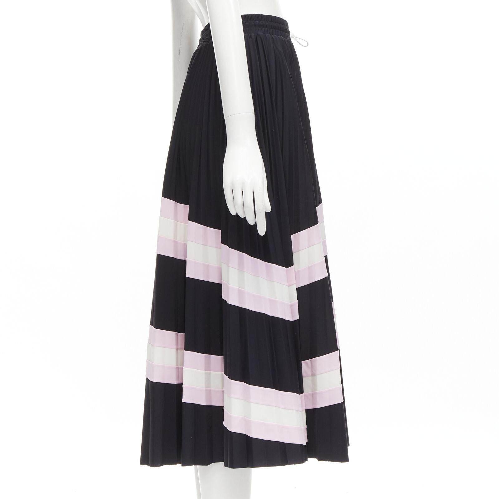 Women's VALENTINO black pink stripes patchwork pleated toggle pleated midi skirt XS For Sale