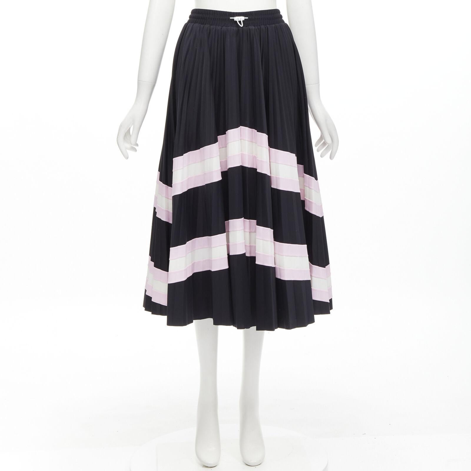 VALENTINO black pink stripes patchwork pleated toggle pleated midi skirt XS For Sale 5
