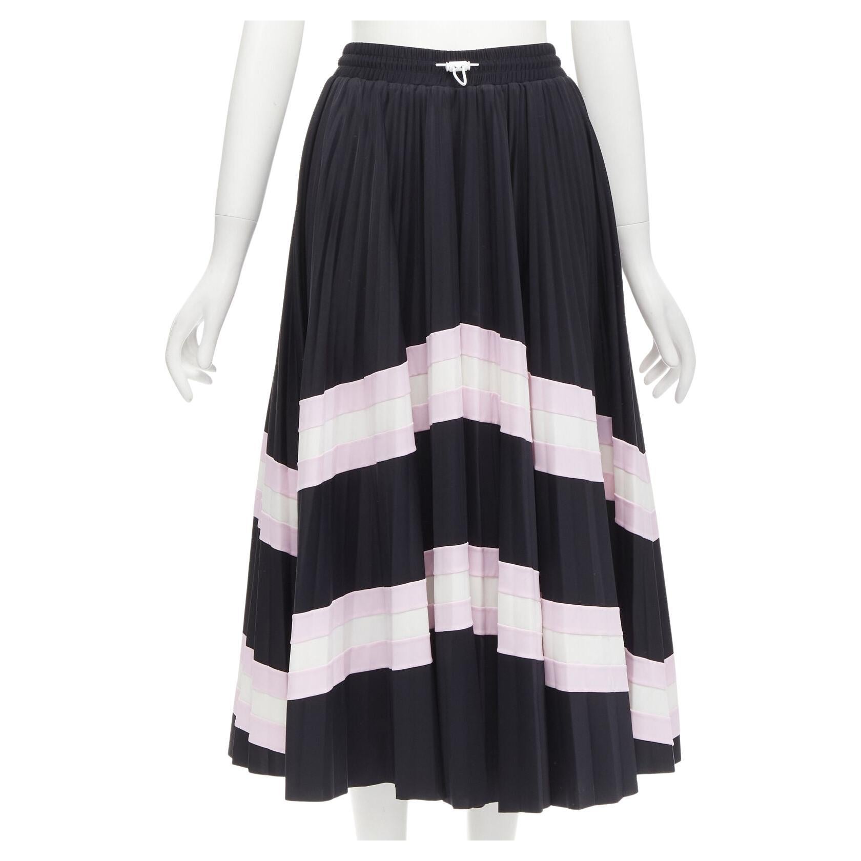 VALENTINO black pink stripes patchwork pleated toggle pleated midi skirt XS For Sale