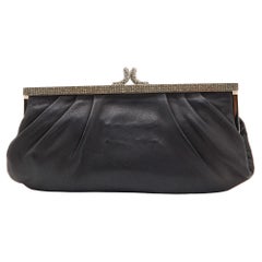 Valentino Black Pleated Leather Crystals Frame Clutch