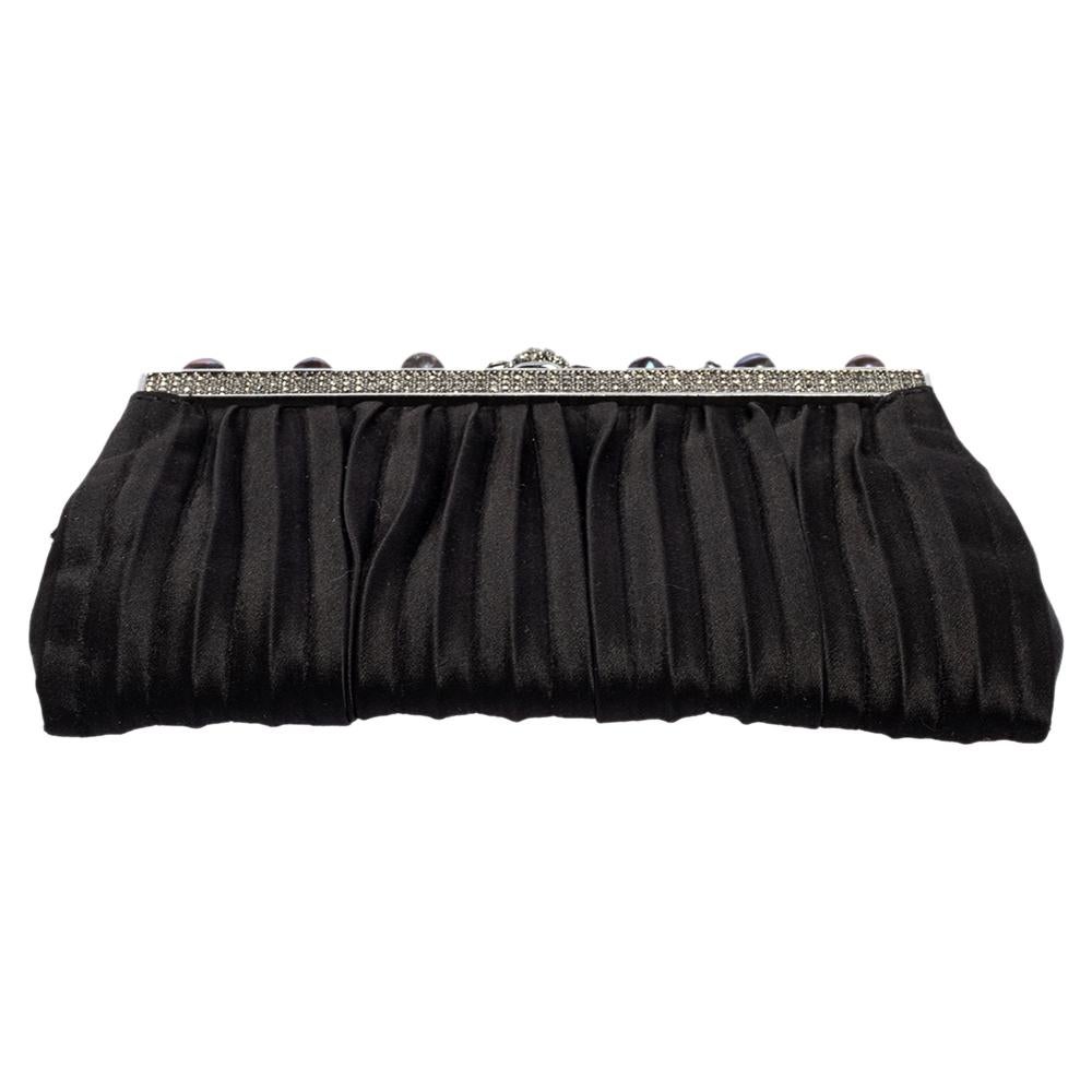 Valentino Black Pleated Satin Crystals Frame Chain Clutch 7