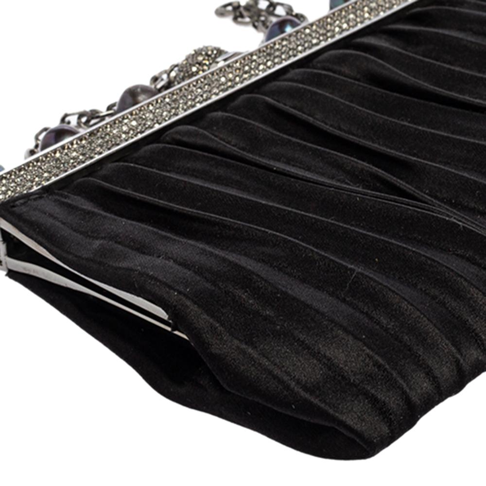 Women's Valentino Black Pleated Satin Crystals Frame Chain Clutch