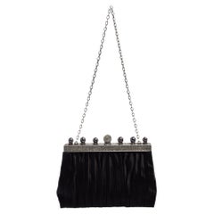 Valentino Black Pleated Satin Crystals Frame Chain Clutch