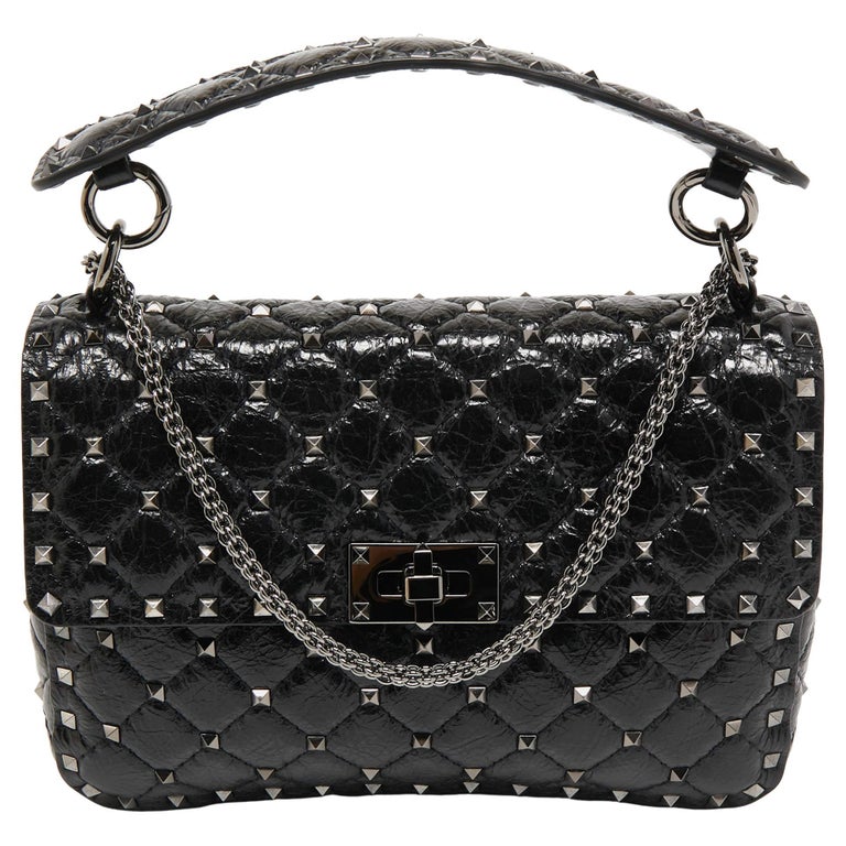 Valentino Black Quilted Crinkled Leather Medium Rockstud Spike Handbag