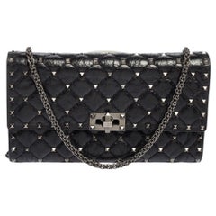 Valentino Black Quilted Crinkled Leather Rockstud Spike Chain Clutch