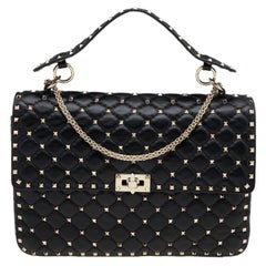 Valentino Black Quilted Leather Large Rockstud Spike Top Handle Bag