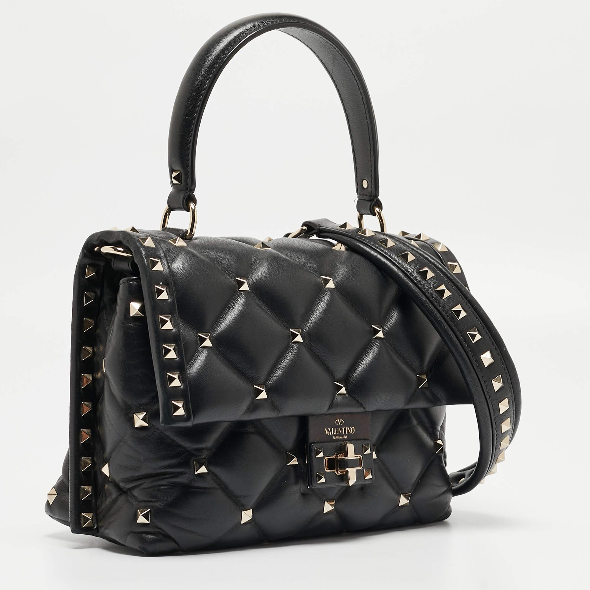 Women's Valentino Black Quilted Leather Medium Candystud Top Handle Bag