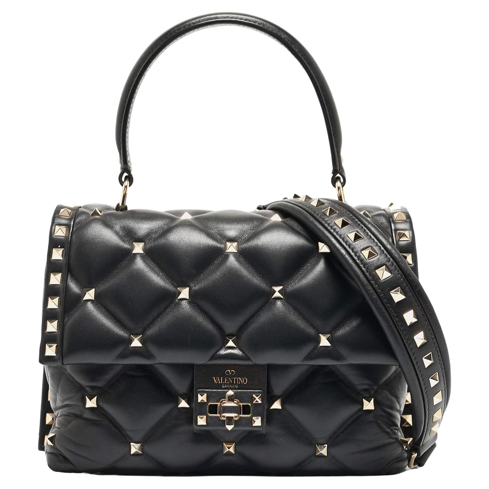 Valentino Black Quilted Leather Medium Candystud Top Handle Bag