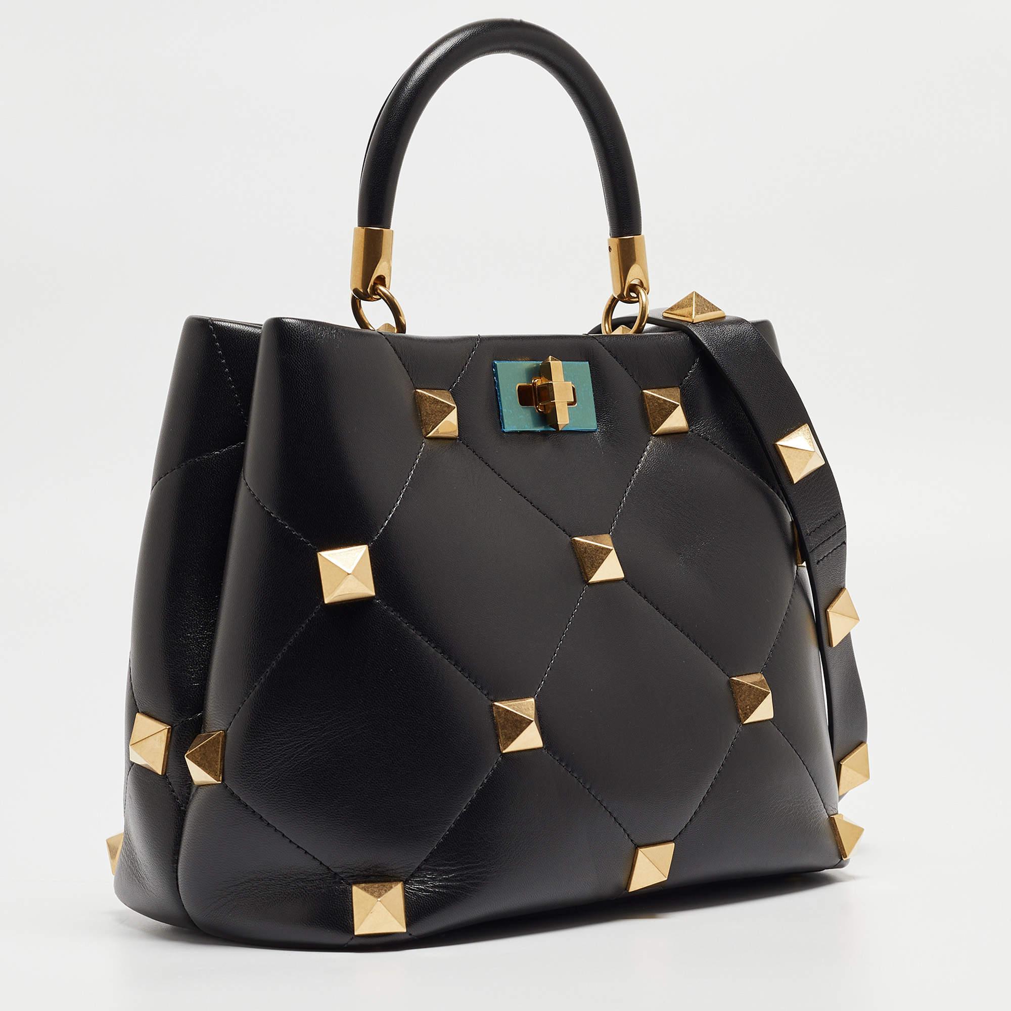Valentino Black Quilted Leather Medium Roman Stud Top Handle Bag 5