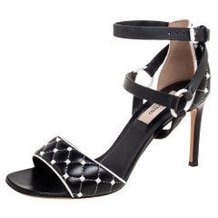 Valentino Black Quilted Leather Rockstud Ankle Strap Sandals Size 36