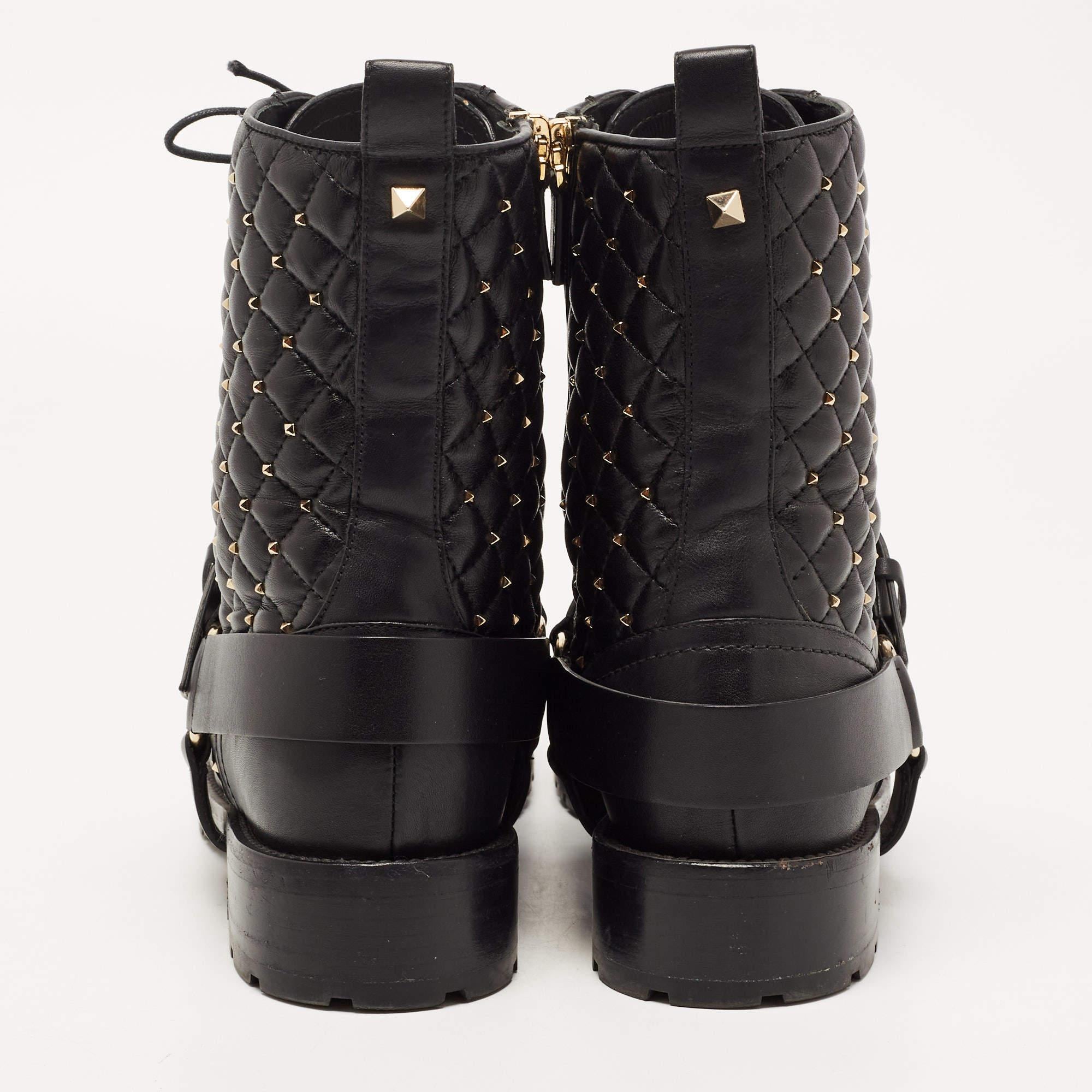 Valentino Black Quilted Leather Rockstud Buckle Details Ankle Boots Size 39 1