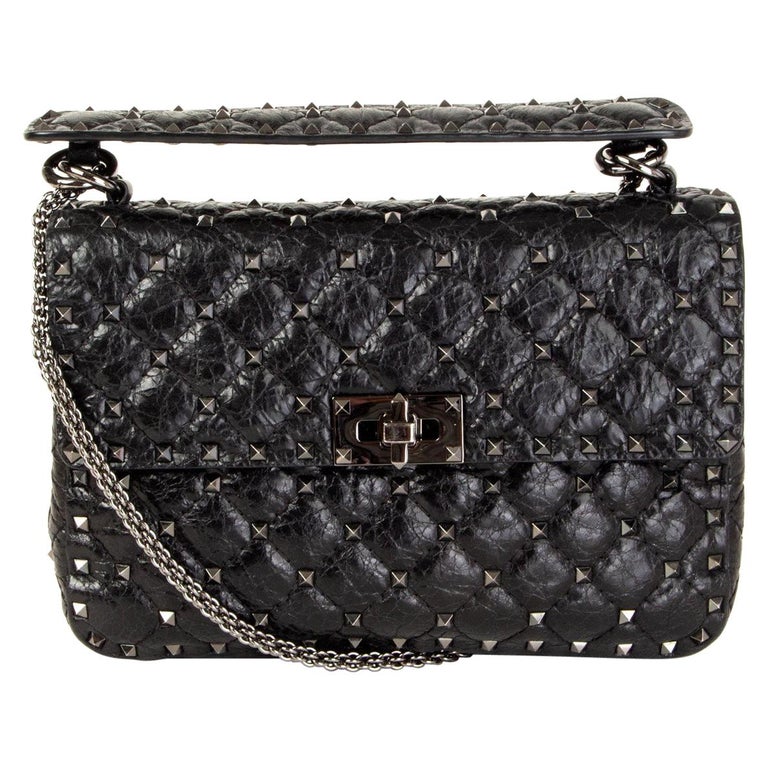VALENTINO black quilted leather ROCKSTUD SPIKE MEDIUM Shoulder Bag at