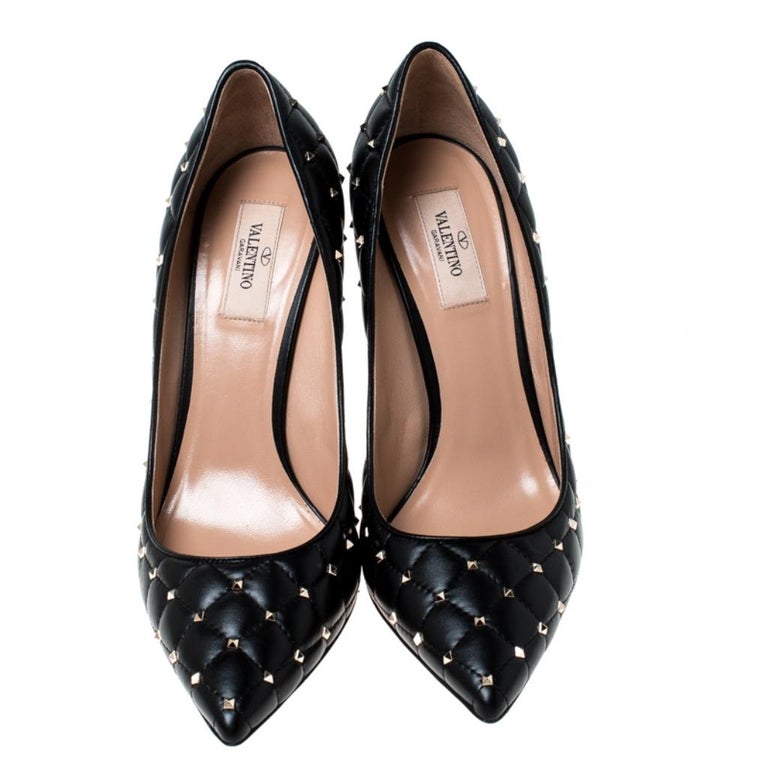 Valentino Black Quilted Leather Rockstud Spike Pointed Toe Pumps Size ...