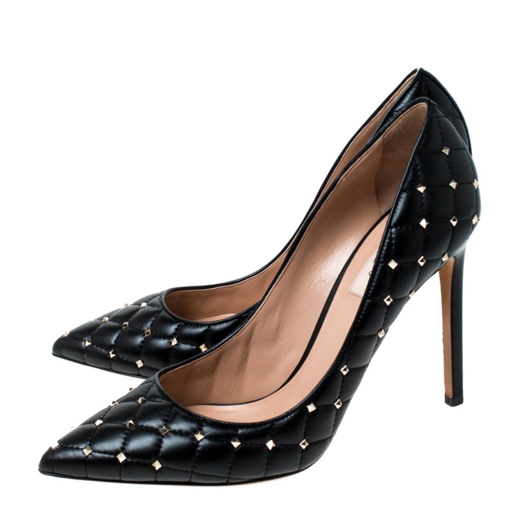 Women's Valentino Black Quilted Leather Rockstud Spike Pointed Toe Pumps Size 41
