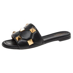 Valentino Black Quilted Leather Roman Stud Flat Slides Size 36