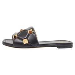 Valentino Black Quilted Leather Roman Stud Flat Slides Size 37.5