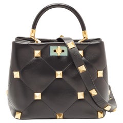 Valentino Black Quilted Leather Roman Stud Top Handle Bag