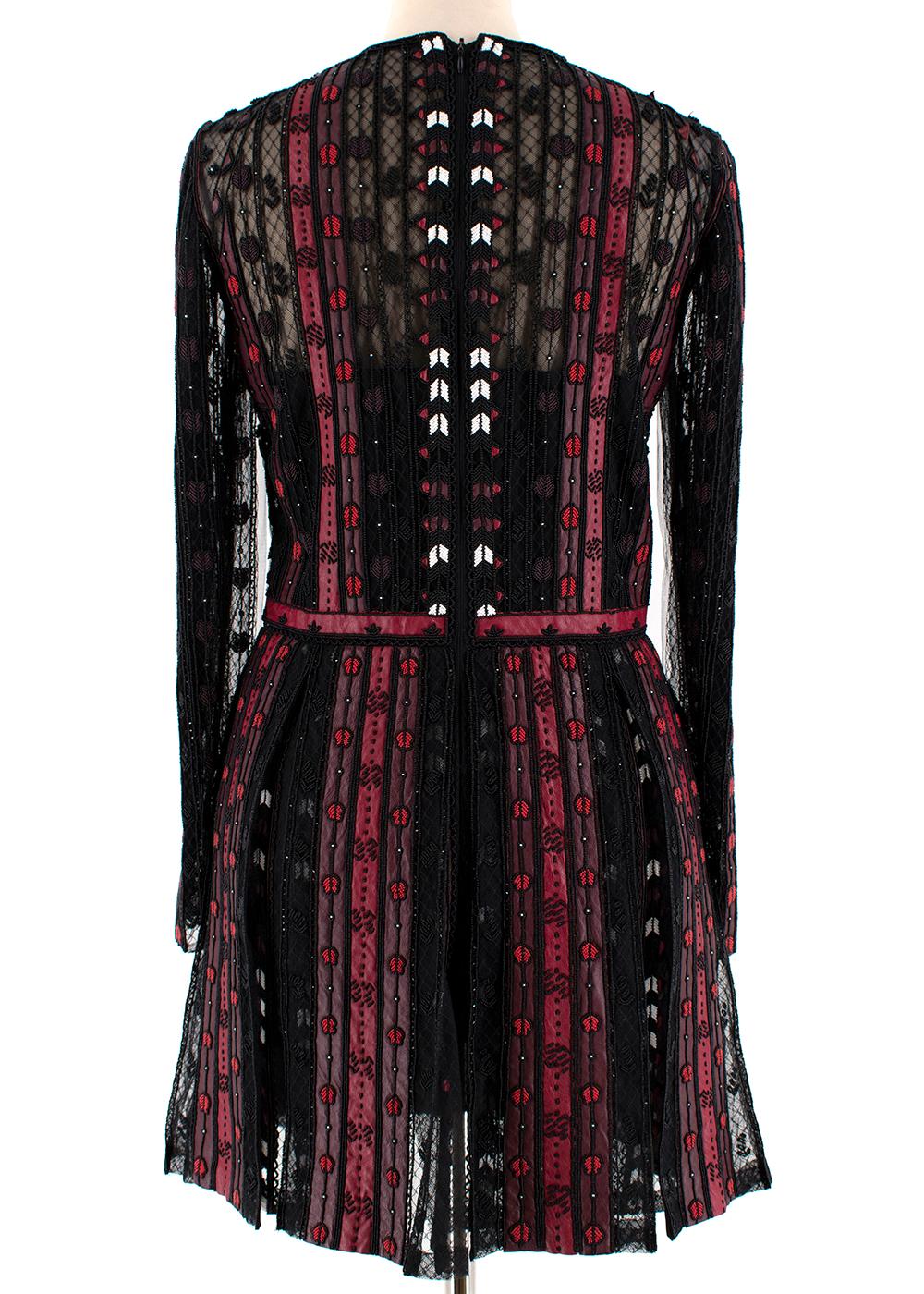 Valentino Black & Red Leather & Tulle Illusion Embroidered Dress - Size US 4 In Excellent Condition For Sale In London, GB