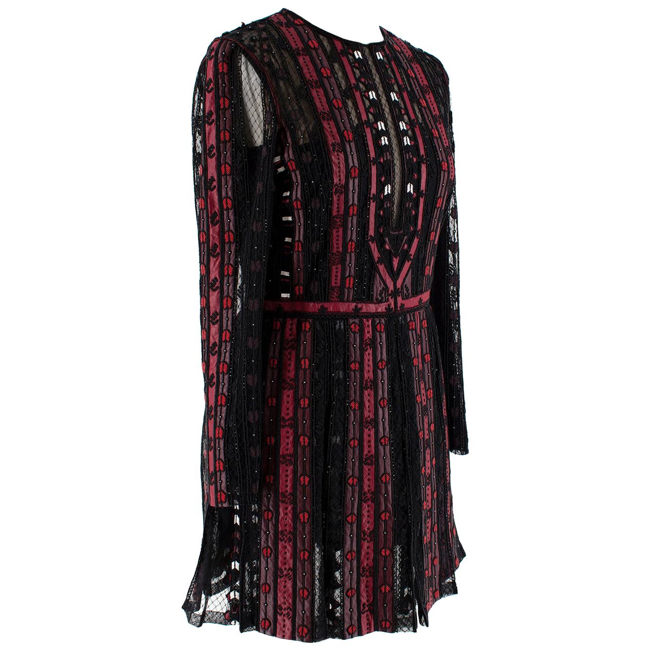 Valentino Black & Red Leather & Tulle Illusion Embroidered Dress - Size US 4 For Sale