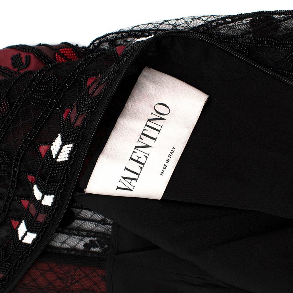 Valentino Black & Red Leather & Tulle Illusion Embroidered Dress - Size US 4 In Excellent Condition In London, GB