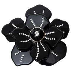  Valentino Black Resin and Rhinestone Flower Brooch Pin