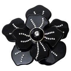 Valentino Black Resin and Rhinestone Flower Brooch Pin