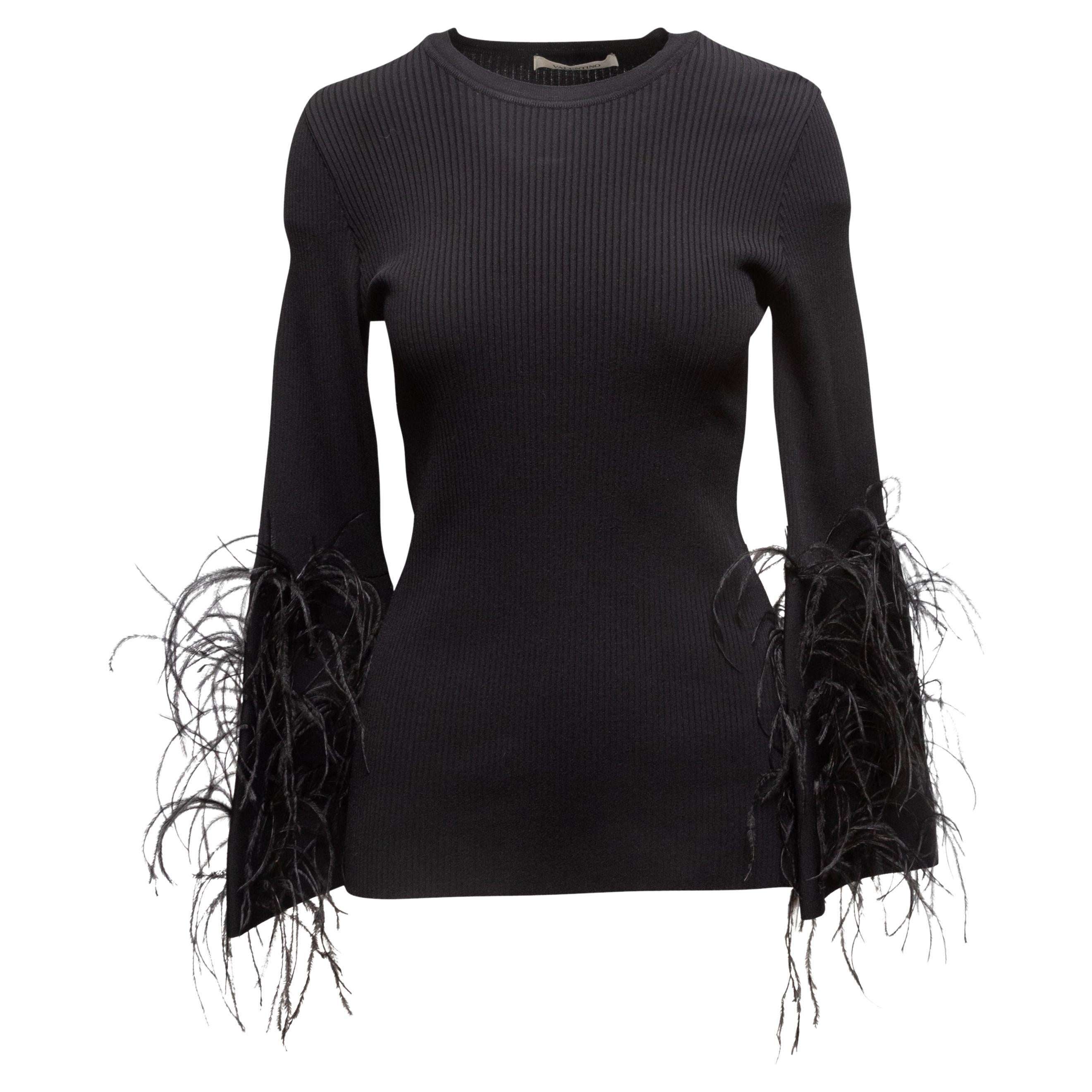 Valentino Black Rib Knit Feather-Trimmed Top