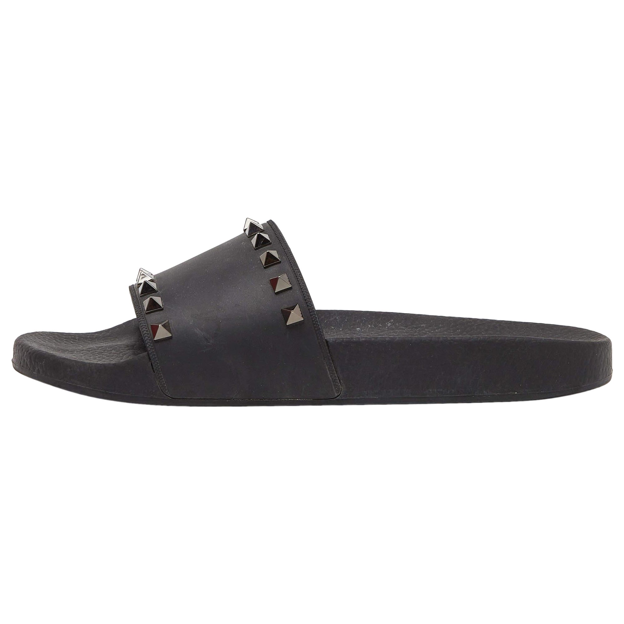 Valentino Black Rubber Rockstud Flat Slides Size 40