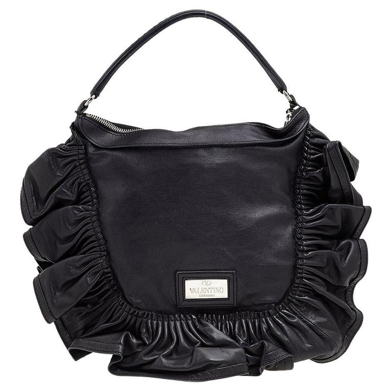 Valentino Black Ruffle Leather Hobo For Sale at 1stDibs