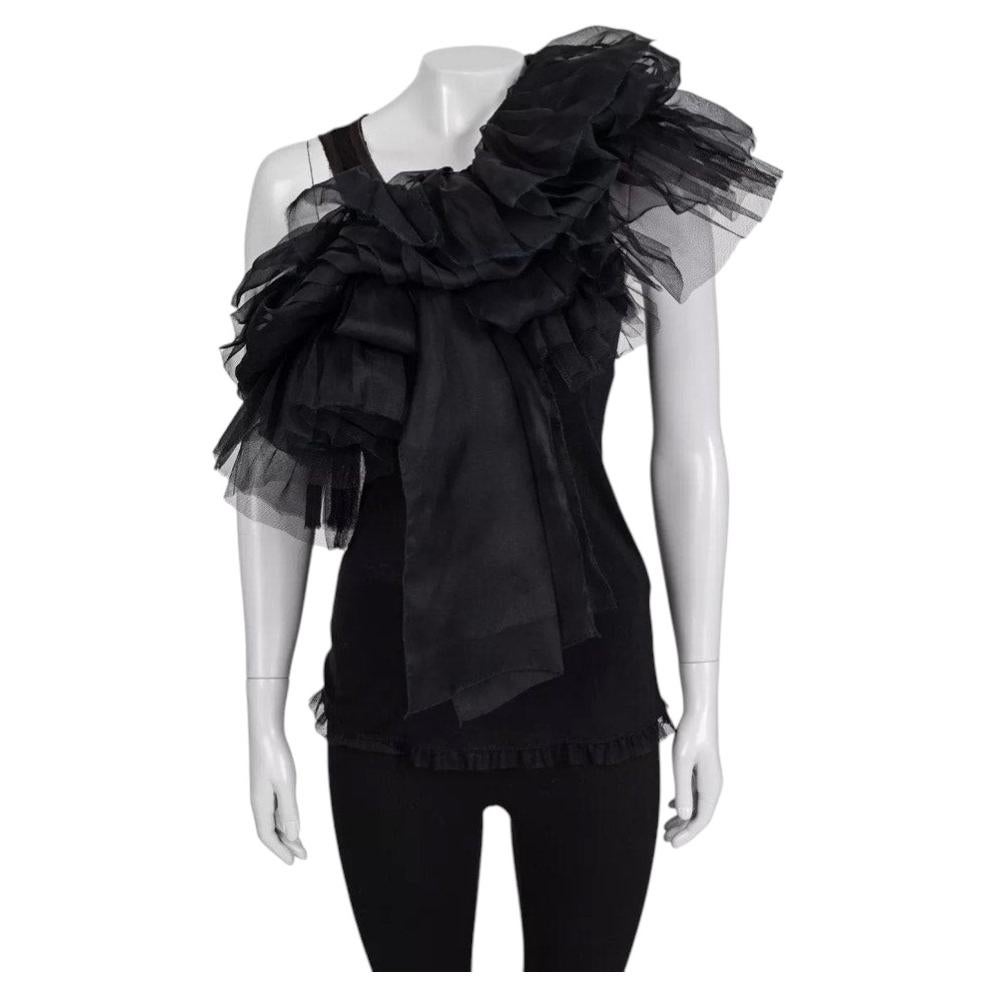 Valentino Schwarzes Tanktop aus Mesh mit Rüschen, Größe US 6, elegante Viskose im Angebot