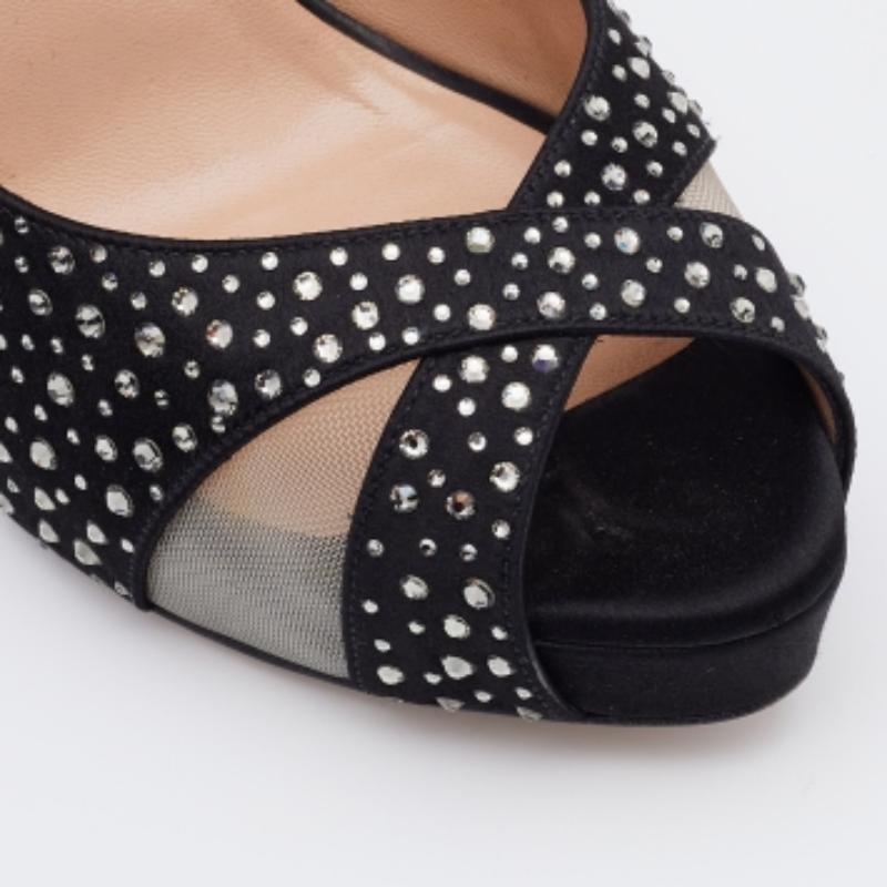 Valentino escarpins à plateforme embellis de cristaux en satin et maille noire, taille 37,5 en vente 2
