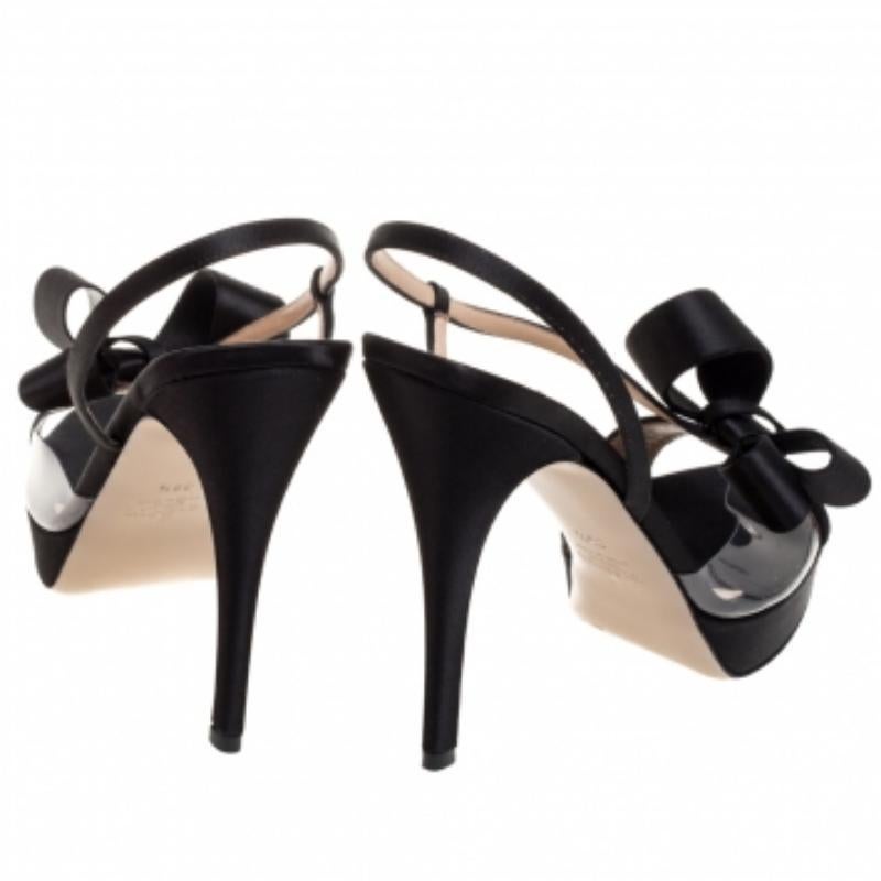 Women's Valentino Black Satin And PVC Bow Open Toe Slingback Sandals Size 39.5 For Sale