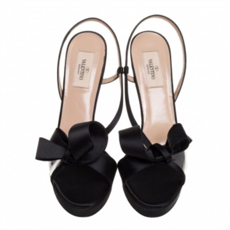 Valentino Black Satin And PVC Bow Open Toe Slingback Sandals Size 39.5 For Sale 1