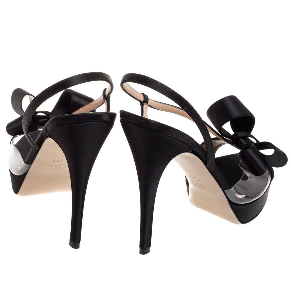 Valentino Black Satin And PVC Bow Open Toe Slingback Sandals Size 39.5 For Sale 1